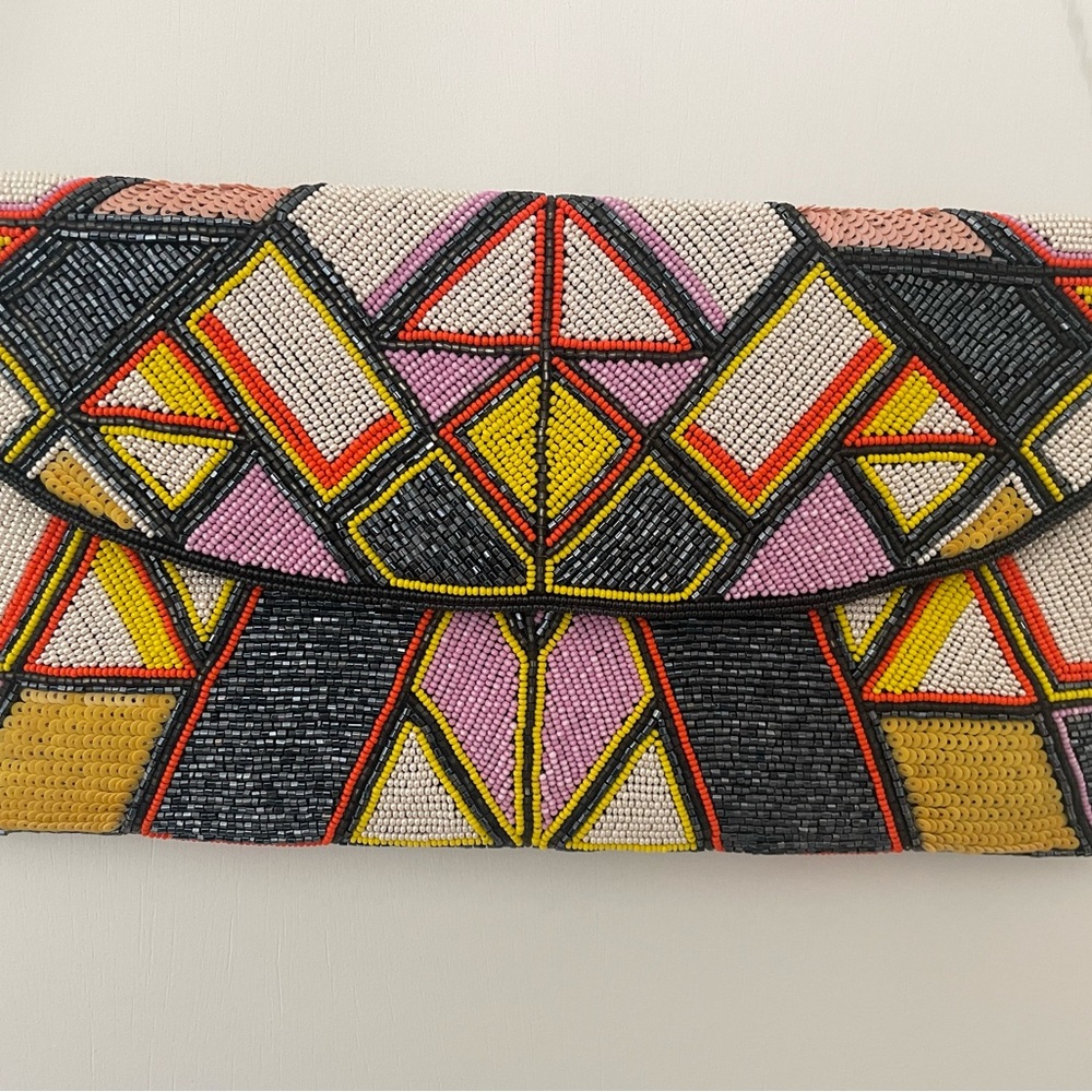 Anthropologie Beaded Clutch Bag Multicolor Geometric Pattern